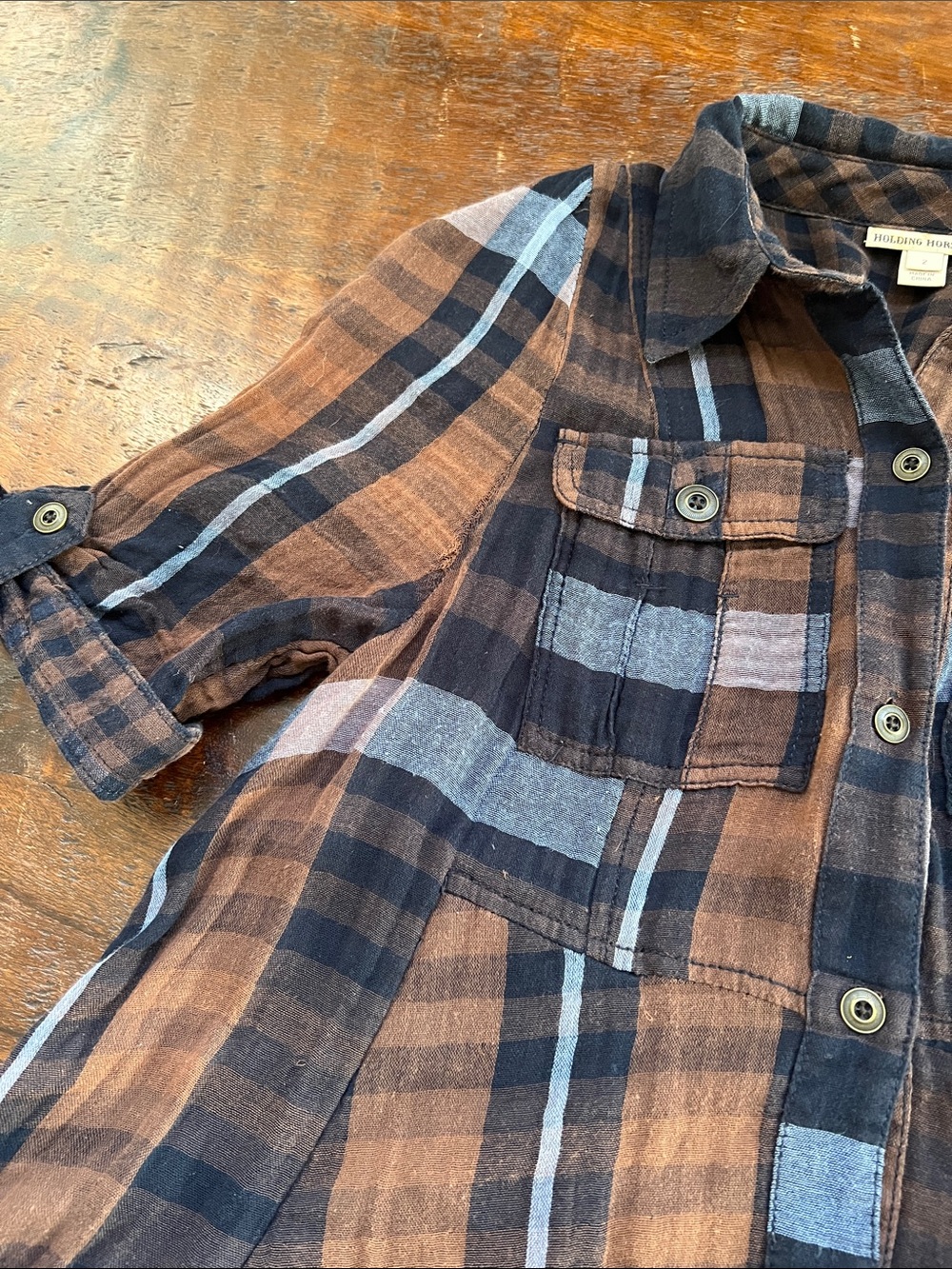 HOLDING HORSES Mixed Plaid Shirt Dress High-Low Handkerchief Hem Blue/Brown SZ 2 - Picture 9 of 15